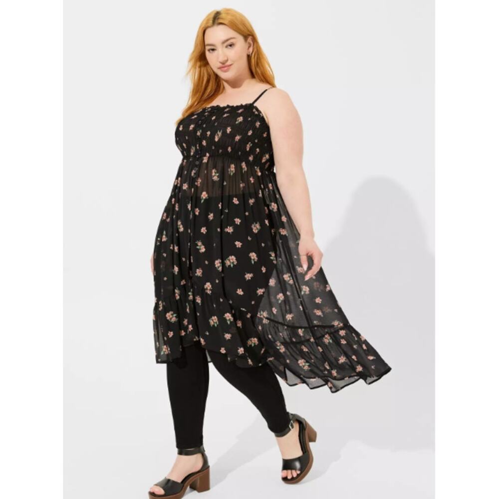 Torrid Tunic Top Womens 3X Sheer Chiffon Floral Smocked Strappy Whimsigoth New